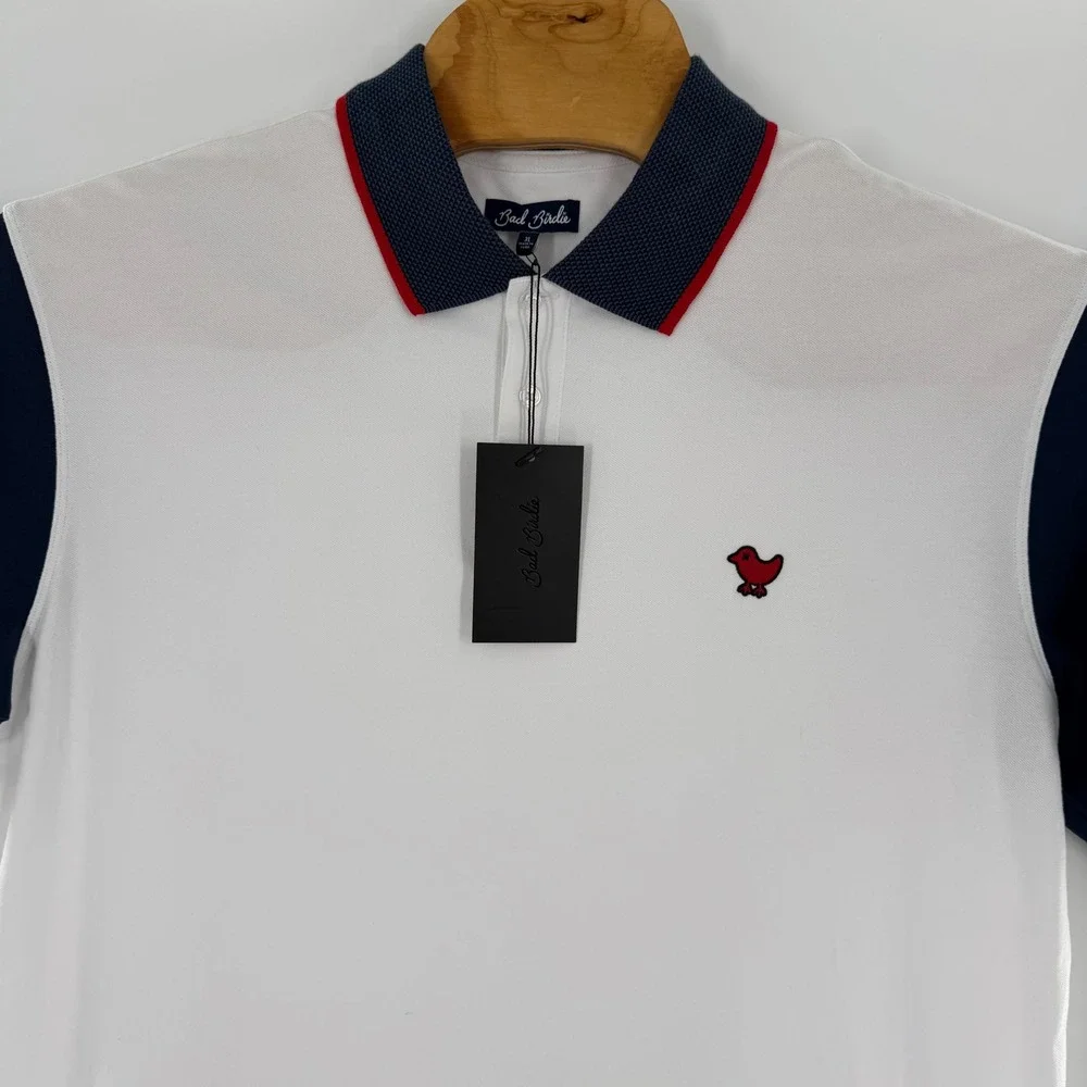 Bad Birdie Mens Golf Polo Shirt XL White Navy Blue Red Trim Performance New
